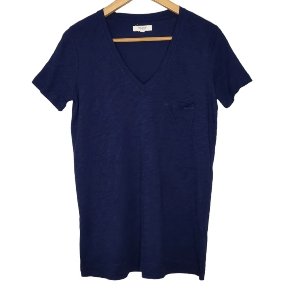 Madewell Women's Cotton Blue Short Sleeve V-Neck T-Shirt Basic Top - Picture 1 of 13